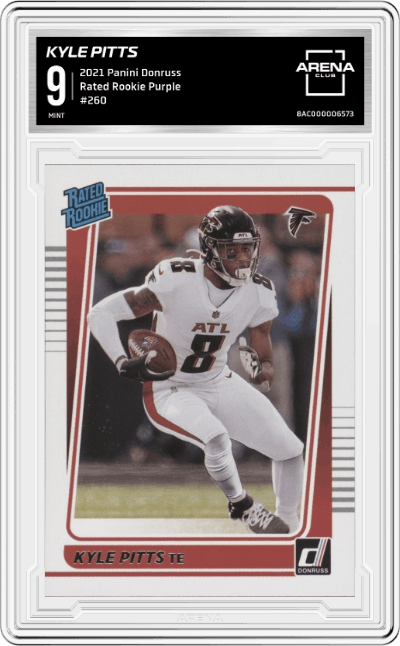 Kyle Pitts from the 2021 Panini Donruss set featuring a Purple parallel graded by Arena Club and given an overall grade of 9.