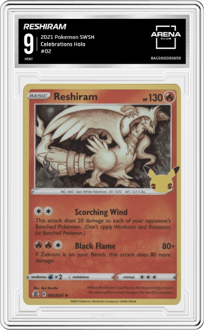 Reshiram from the 2021 Pokemon SWSH set graded by Arena Club and given an overall grade of 9.