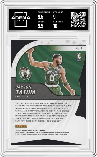Jayson Tatum from the 2020-21 Panini Revolution set graded by Arena Club and given an overall grade of 9.5.