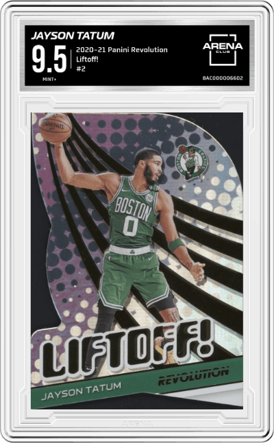 Jayson Tatum from the 2020-21 Panini Revolution set graded by Arena Club and given an overall grade of 9.5.