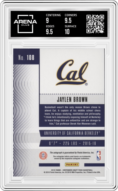 Jaylen Brown from the 2016-17 Panini Contenders DP set featuring a College Ticket Auto parallel graded by Arena Club and given an overall grade of 9.5.