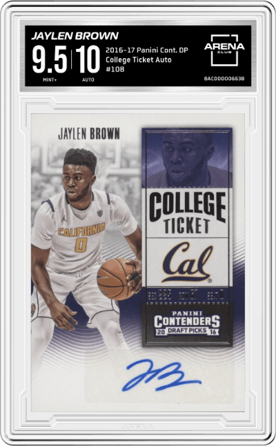 Jaylen Brown from the 2016-17 Panini Contenders DP set featuring a College Ticket Auto parallel graded by Arena Club and given an overall grade of 9.5.