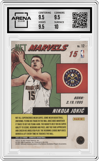 Nikola Jokic from the 2021-22 Panini Donruss set graded by Arena Club and given an overall grade of 10.