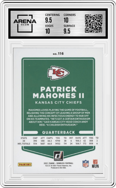 Patrick Mahomes II from the 2021 Panini Donruss set featuring a Press Proof Red parallel graded by Arena Club and given an overall grade of 10.
