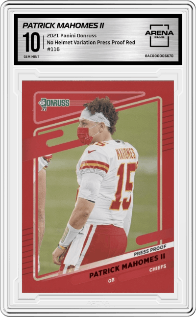 Patrick Mahomes II from the 2021 Panini Donruss set featuring a Press Proof Red parallel graded by Arena Club and given an overall grade of 10.