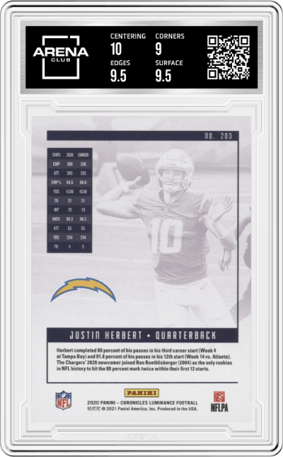 Justin Herbert from the 2020 Panini Chronicles set graded by Arena Club and given an overall grade of 9.5.