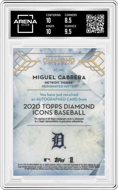 Miguel Cabrera from the 2020 Topps Diamond Icons set graded by Arena Club and given an overall grade of 9.