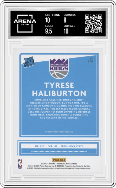 Tyrese Haliburton from the 2020-21 Panini Donruss set graded by Arena Club and given an overall grade of 9.5.