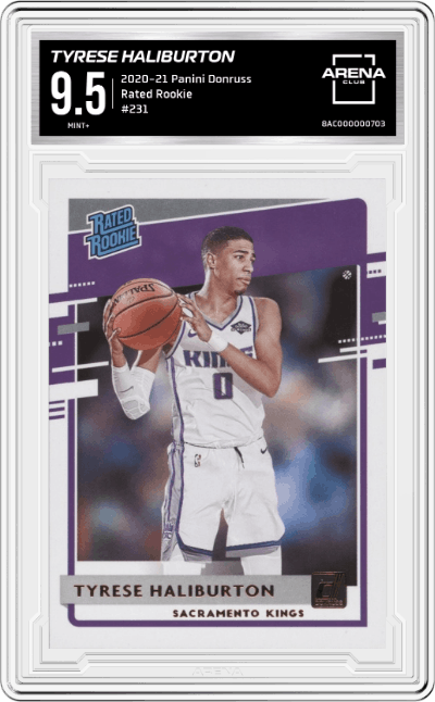 Tyrese Haliburton from the 2020-21 Panini Donruss set graded by Arena Club and given an overall grade of 9.5.