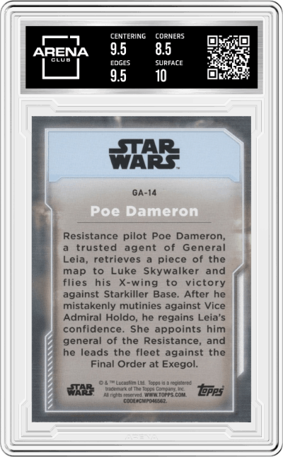Poe Dameron from the 2021 Topps Star Wars Battle Plans set graded by Arena Club and given an overall grade of 9.