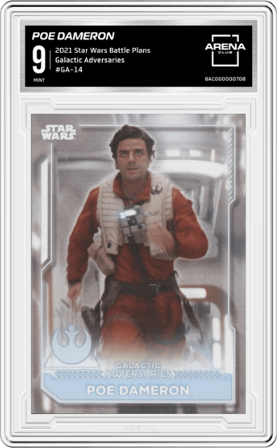 Poe Dameron from the 2021 Topps Star Wars Battle Plans set graded by Arena Club and given an overall grade of 9.