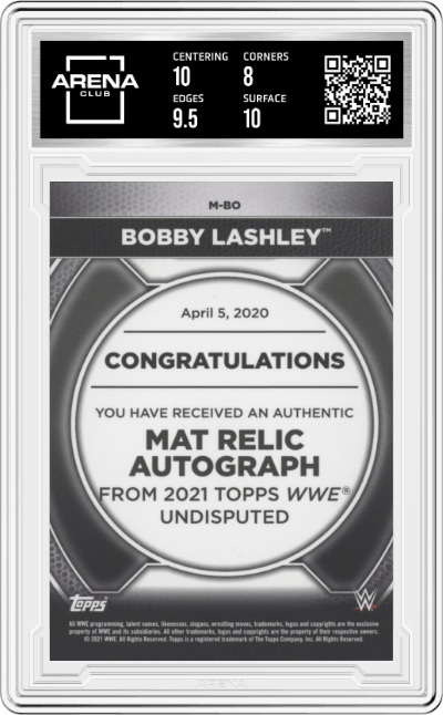 Bobby Lashley from the 2021 Topps WWE Undisputed set featuring a Green parallel graded by Arena Club and given an overall grade of 8.5.