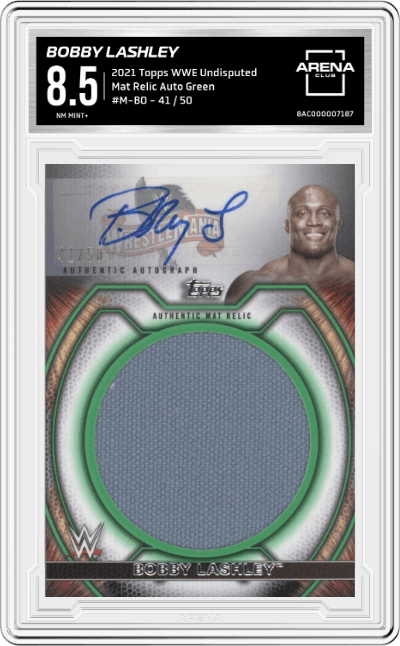Bobby Lashley from the 2021 Topps WWE Undisputed set featuring a Green parallel graded by Arena Club and given an overall grade of 8.5.