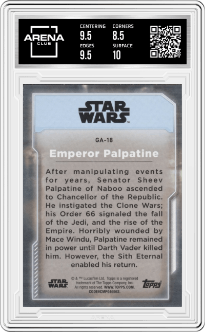 Emperor Palpatine from the 2021 Topps Star Wars Battle Plans set graded by Arena Club and given an overall grade of 9.