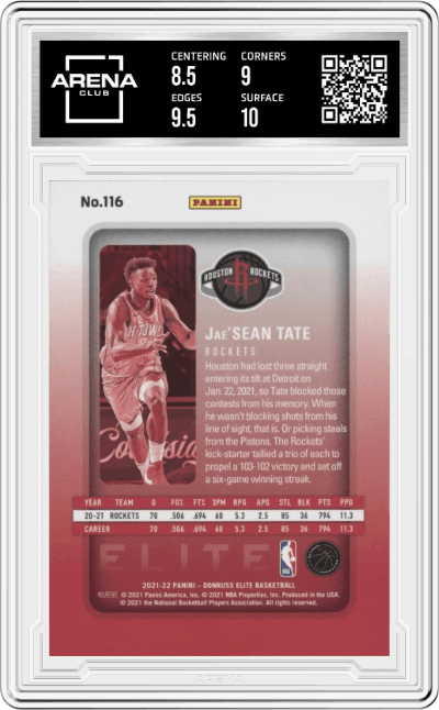 Jae'Sean Tate from the 2021-22 Panini Donruss Elite  set graded by Arena Club and given an overall grade of 9.