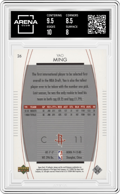 Yao Ming from the 2003-04 SP Authentic set graded by Arena Club and given an overall grade of 8.5.