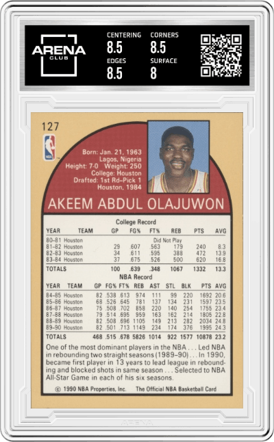 Akeem Olajuwon from the 1990-91 NBA Hoops set graded by Arena Club and given an overall grade of 8.5.