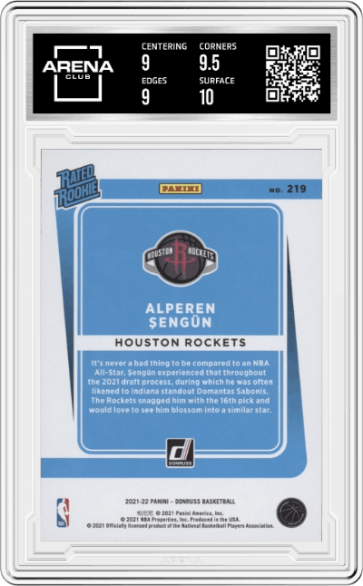 Alperen Sengun from the 2021-22 Panini Donruss set graded by Arena Club and given an overall grade of 9.5.