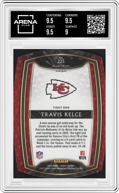 Travis Kelce from the 2020 Panini Select set featuring a Die-Cut White Prizm  parallel graded by Arena Club and given an overall grade of 9.5.