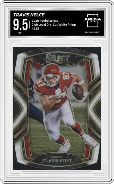 Travis Kelce from the 2020 Panini Select set featuring a Die-Cut White Prizm  parallel graded by Arena Club and given an overall grade of 9.5.