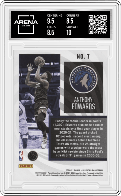 Anthony Edwards from the 2020-21 Panini Illusions  set graded by Arena Club and given an overall grade of 9.