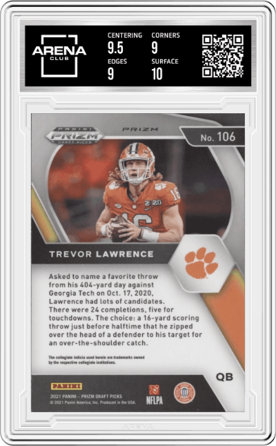 Trevor Lawrence from the 2021 Panini Prizm Draft Picks set featuring a Silver Prizm parallel graded by Arena Club and given an overall grade of 9.5.