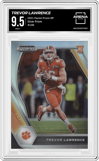 Trevor Lawrence from the 2021 Panini Prizm Draft Picks set featuring a Silver Prizm parallel graded by Arena Club and given an overall grade of 9.5.