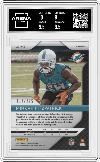 Minkah Fitzpatrick from the 2018 Panini Prizm set featuring a Hyper Prizm parallel graded by Arena Club and given an overall grade of 9.5.