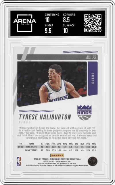 Tyrese Haliburton from the 2020-21 Panini Chronicles set graded by Arena Club and given an overall grade of 9.