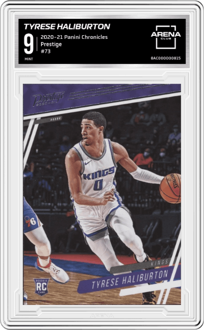 Tyrese Haliburton from the 2020-21 Panini Chronicles set graded by Arena Club and given an overall grade of 9.