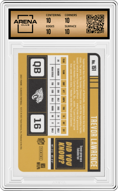 Trevor Lawrence from the 2021 Panini Classics set graded by Arena Club and given an overall grade of 10.