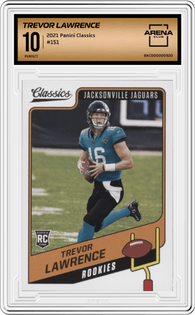 Trevor Lawrence from the 2021 Panini Classics set graded by Arena Club and given an overall grade of 10.