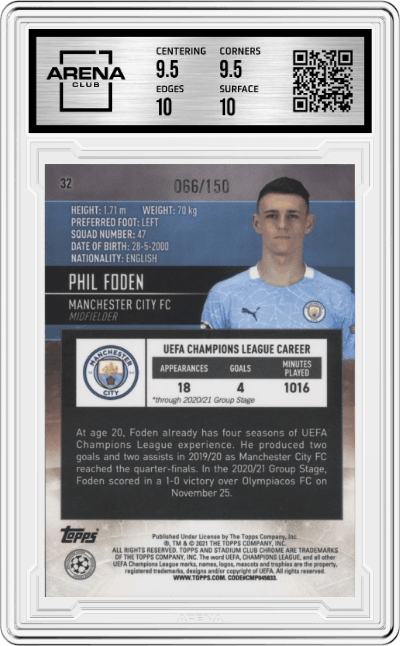 Phil Foden from the 2020-21 Topps Stadium Club Chrome UEFA Champions League set featuring a Green Electric parallel graded by Arena Club and given an overall grade of 10.