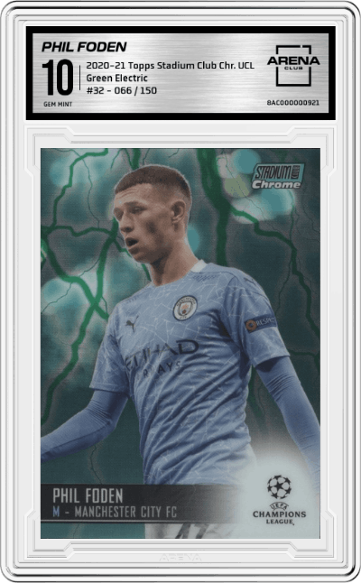 Phil Foden from the 2020-21 Topps Stadium Club Chrome UEFA Champions League set featuring a Green Electric parallel graded by Arena Club and given an overall grade of 10.