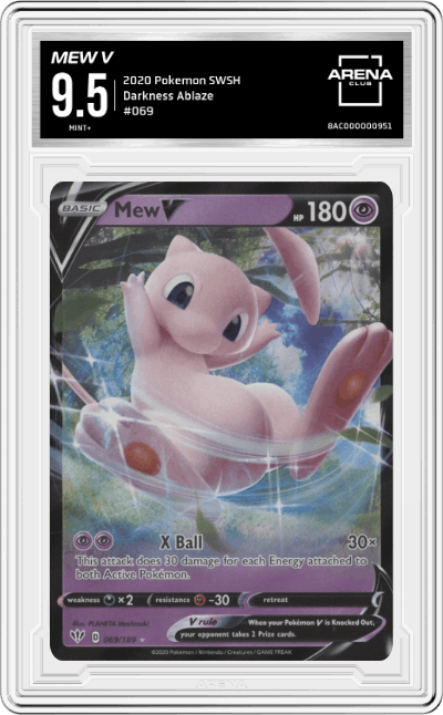 Mew V from the 2020 Pokemon SWSH set graded by Arena Club and given an overall grade of 9.5.