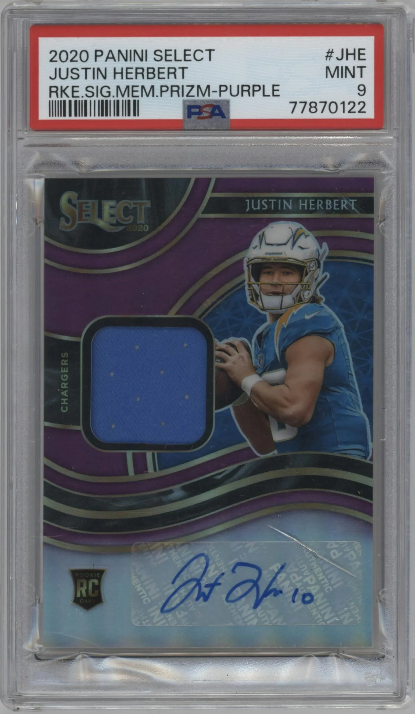 2020 Panini Select Rke.Sig.Mem. Justin Herbert Purple Prizm #RSM-JHE PSA 9