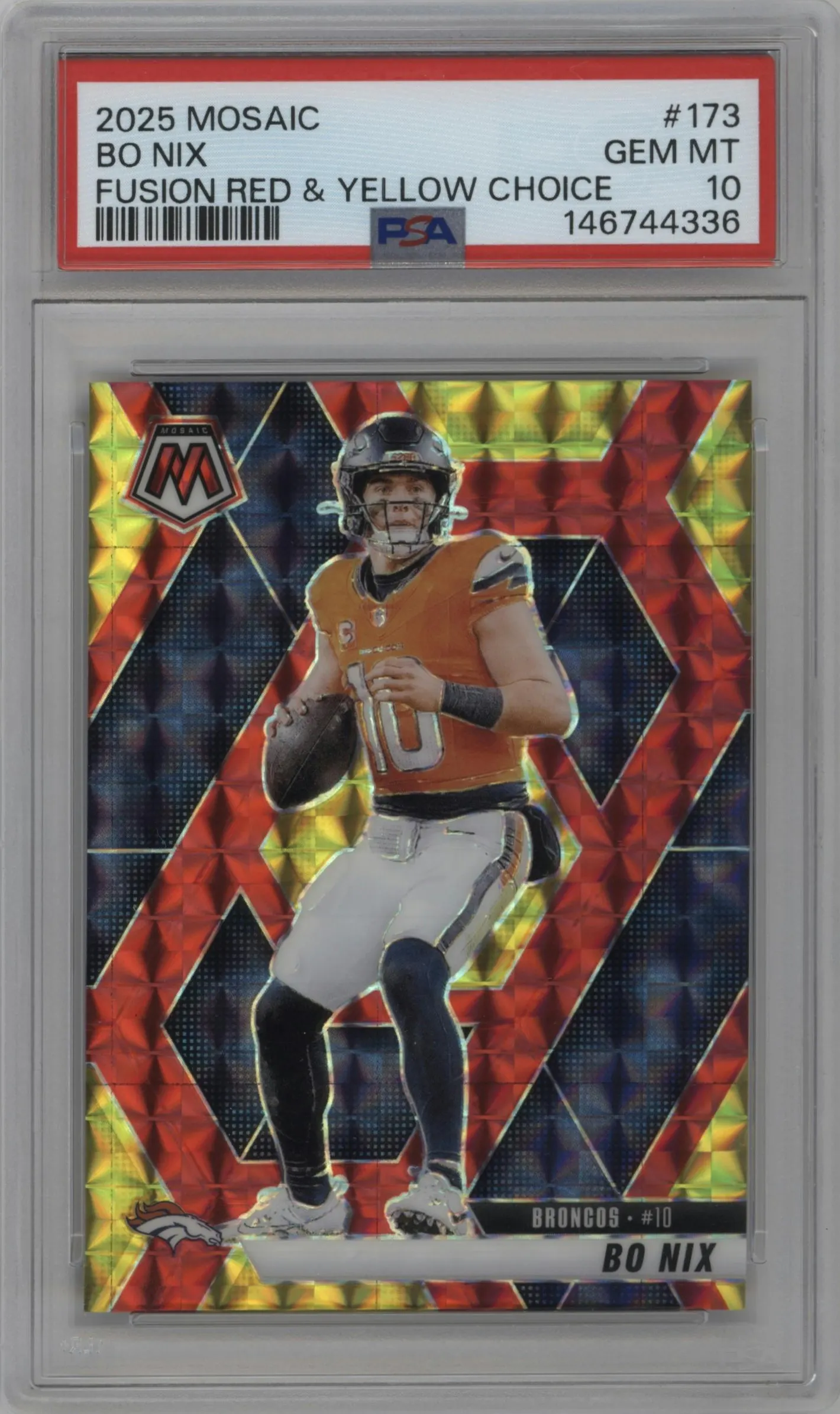 2025 Panini Mosaic Bo Nix Choice Red & Yellow PSA 10