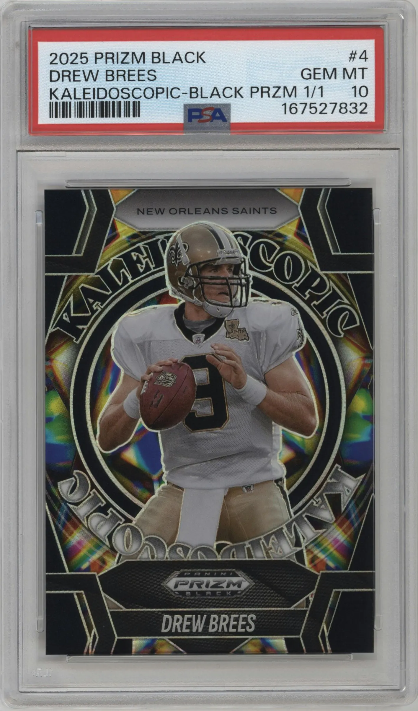 2025 Panini Prizm Black Kaleidoscopic Drew Brees Black Prizm #4 PSA 10