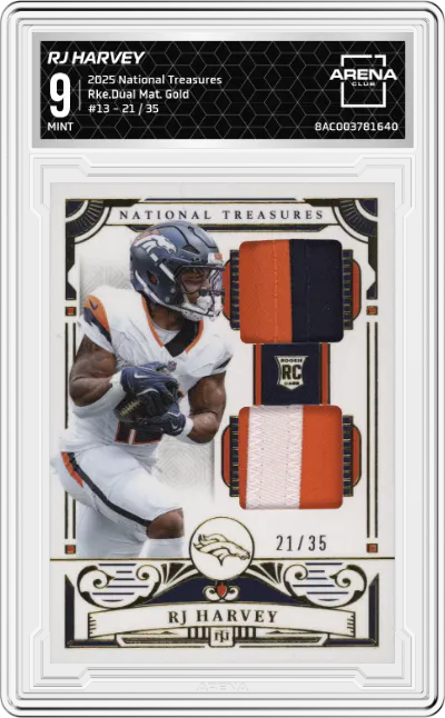 2025 Panini National Treasures Rke.Dual Mat. RJ Harvey Gold #13 ARENA CLUB 9