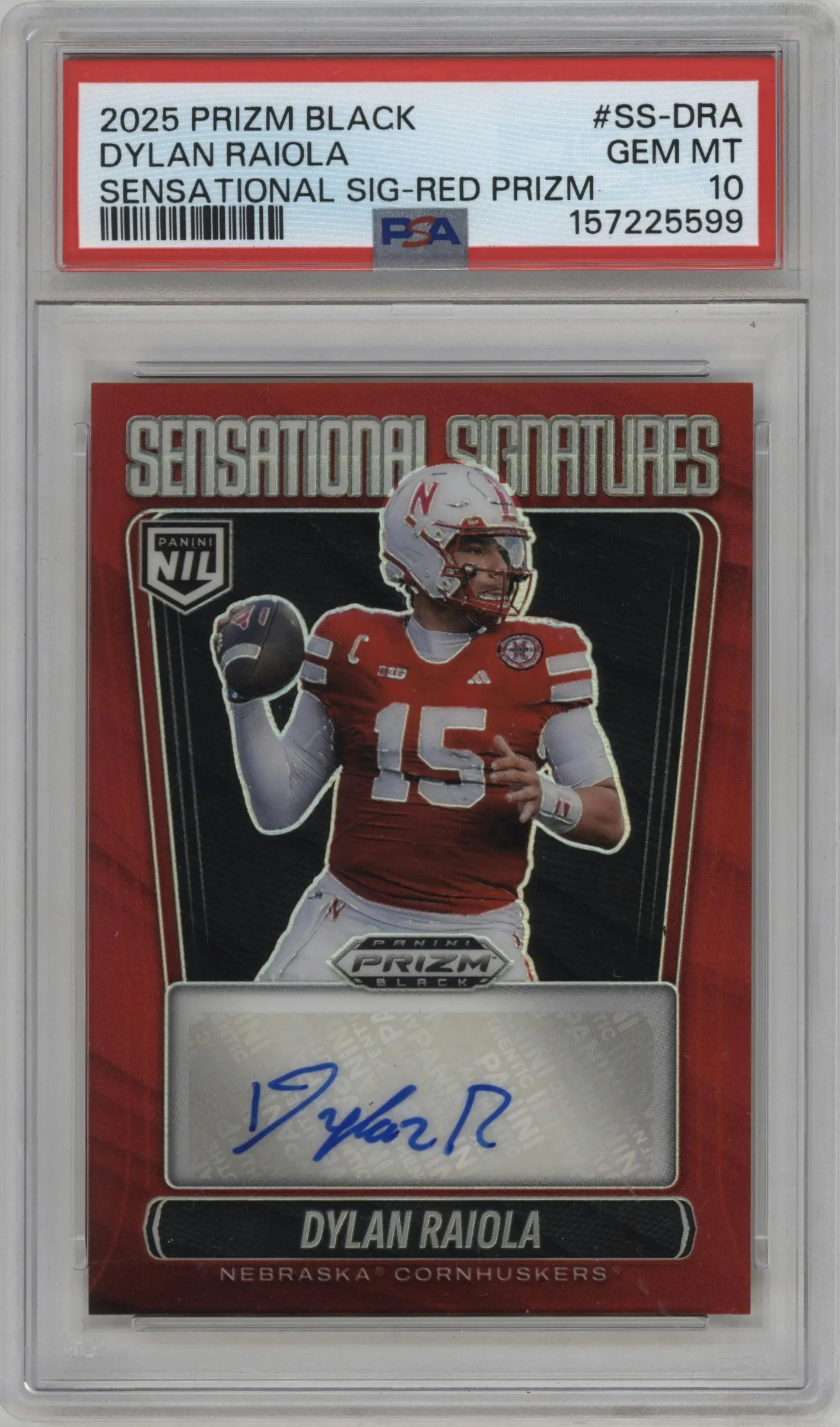 2025 Panini Prizm Black Sensational Sig. Dylan Raiola Red PSA 10