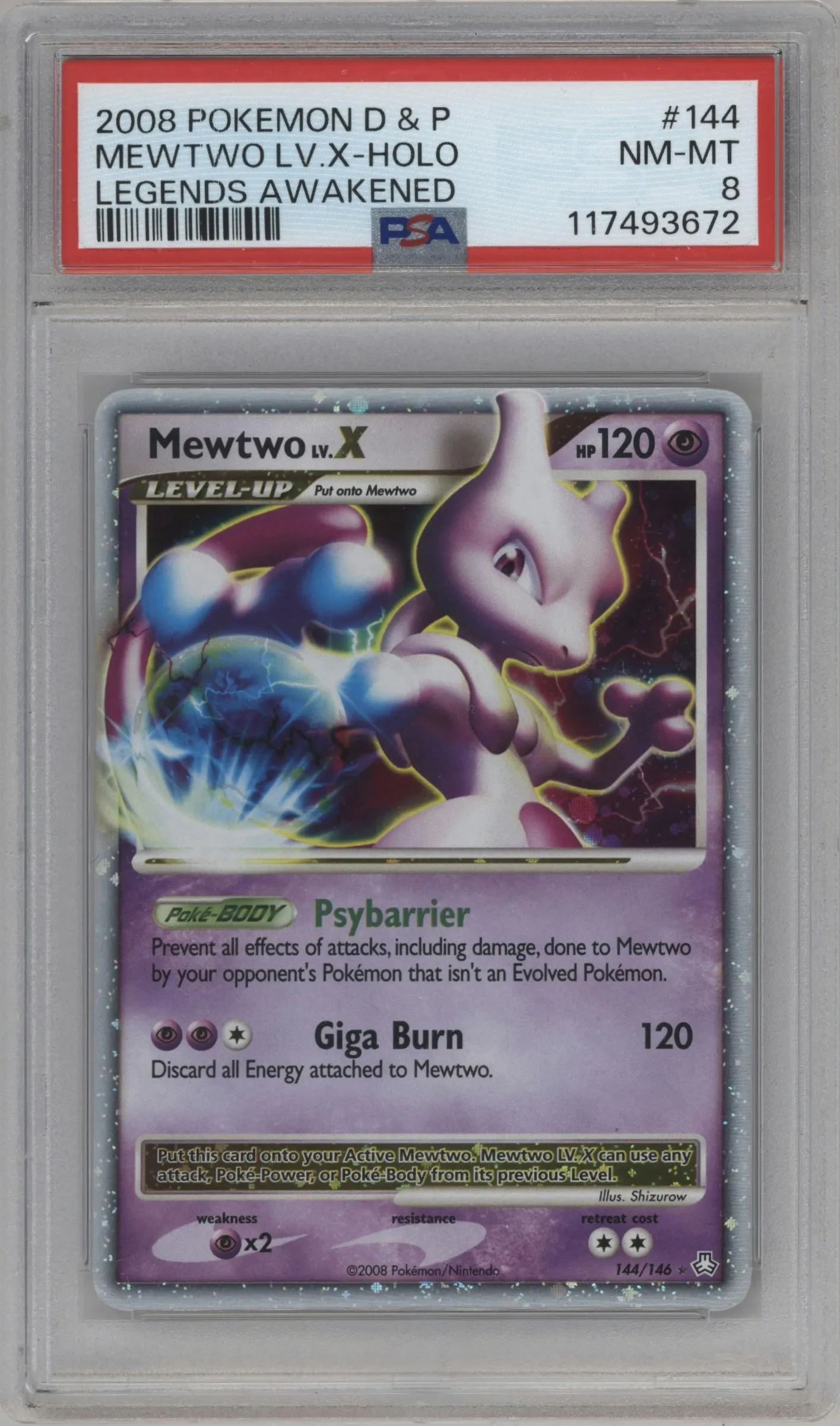 2008 Pokemon D&P Legends Awakened Mewtwo LV. X #144 PSA 8
