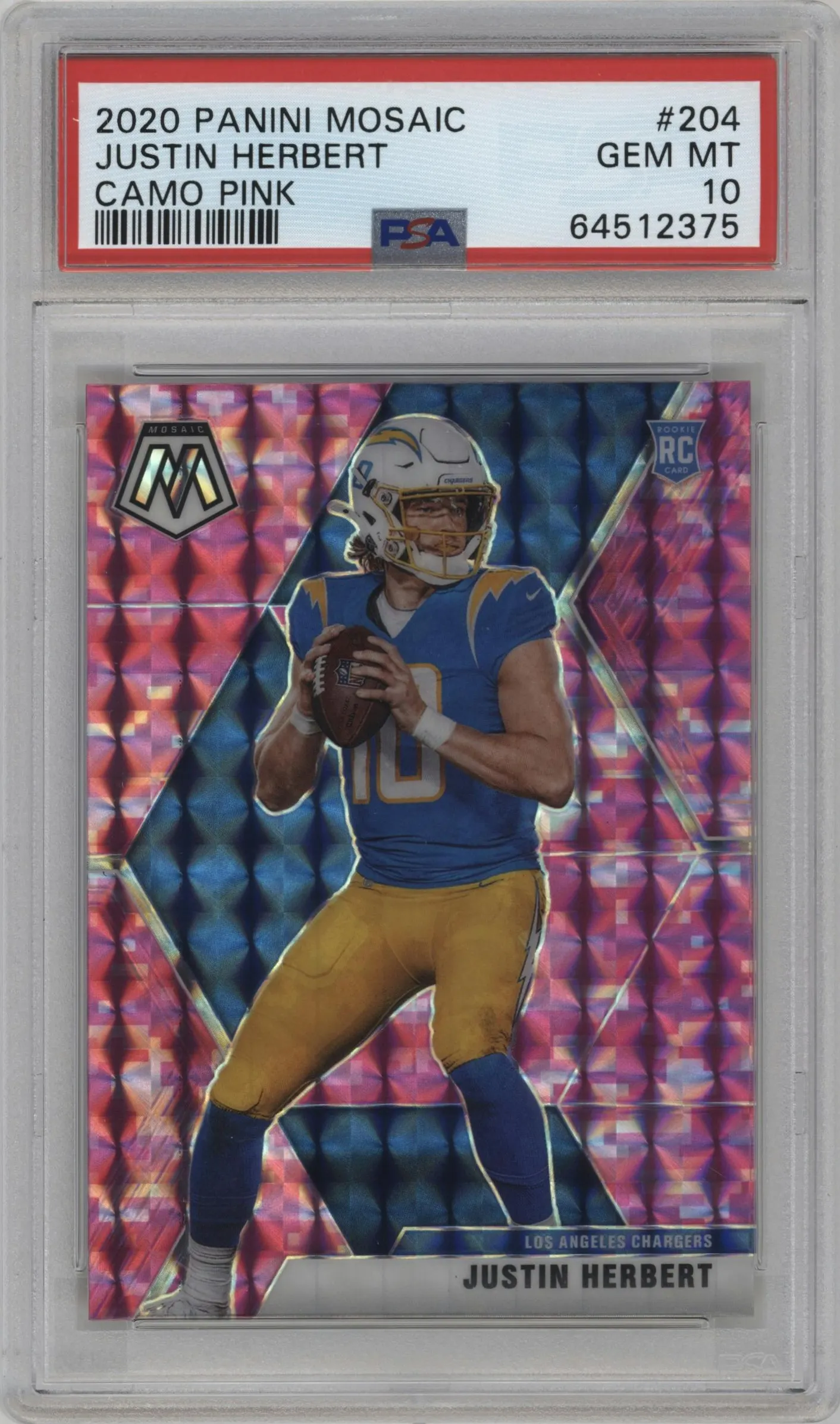 2020 Panini Mosaic Justin Herbert Pink Camo #204 PSA 10