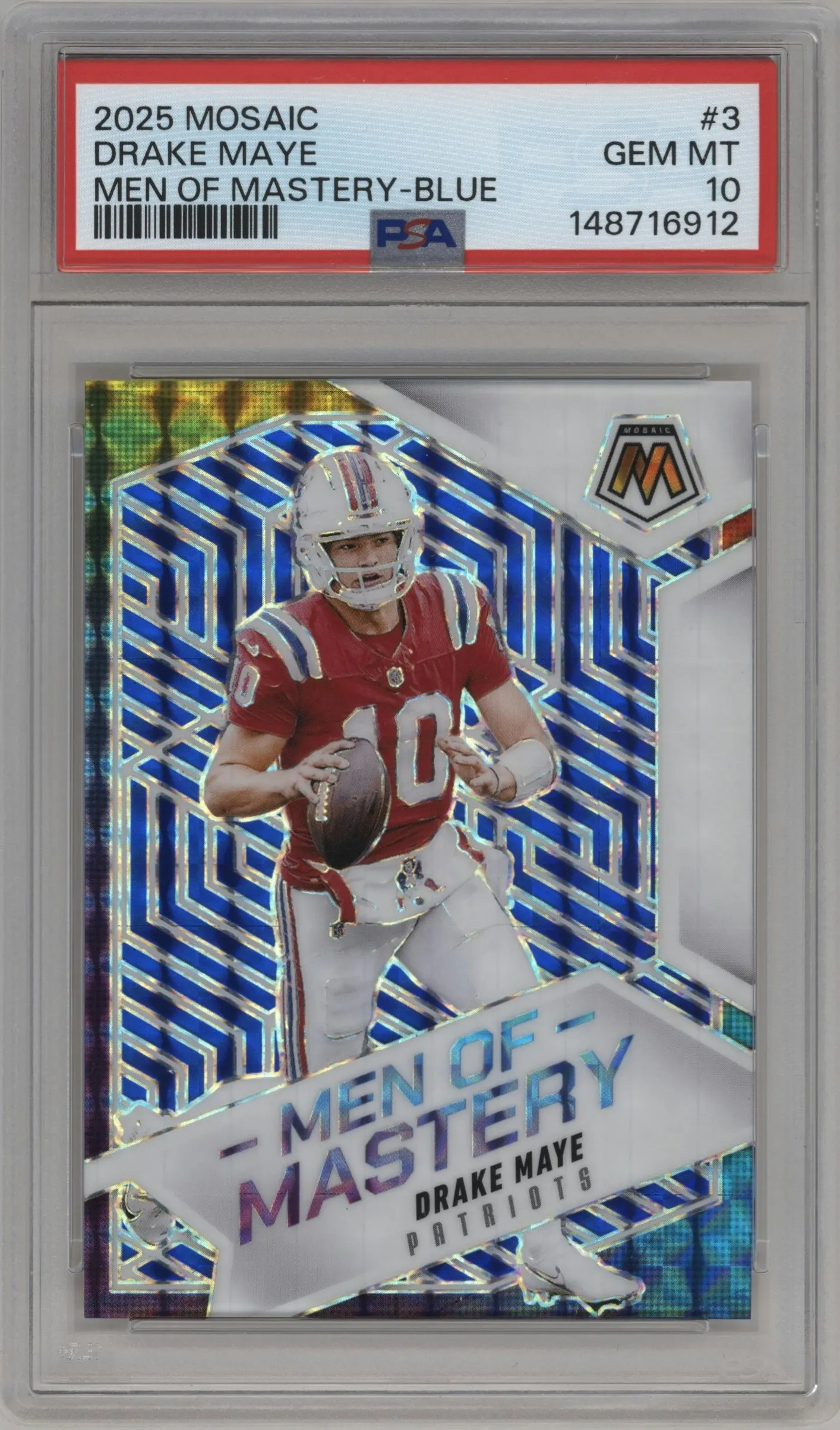 2025 Panini Mosaic Men of Mastery Drake Maye Blue #3 PSA 10