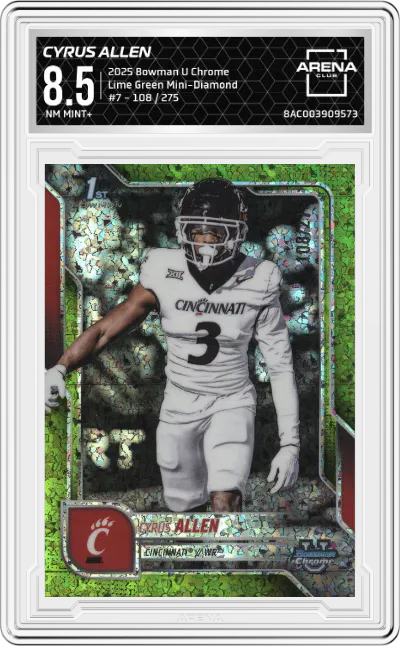 2025 Bowman University Chrome Cyrus Allen Lime Green Mini-Diamond Refractor ARENA CLUB 8.5