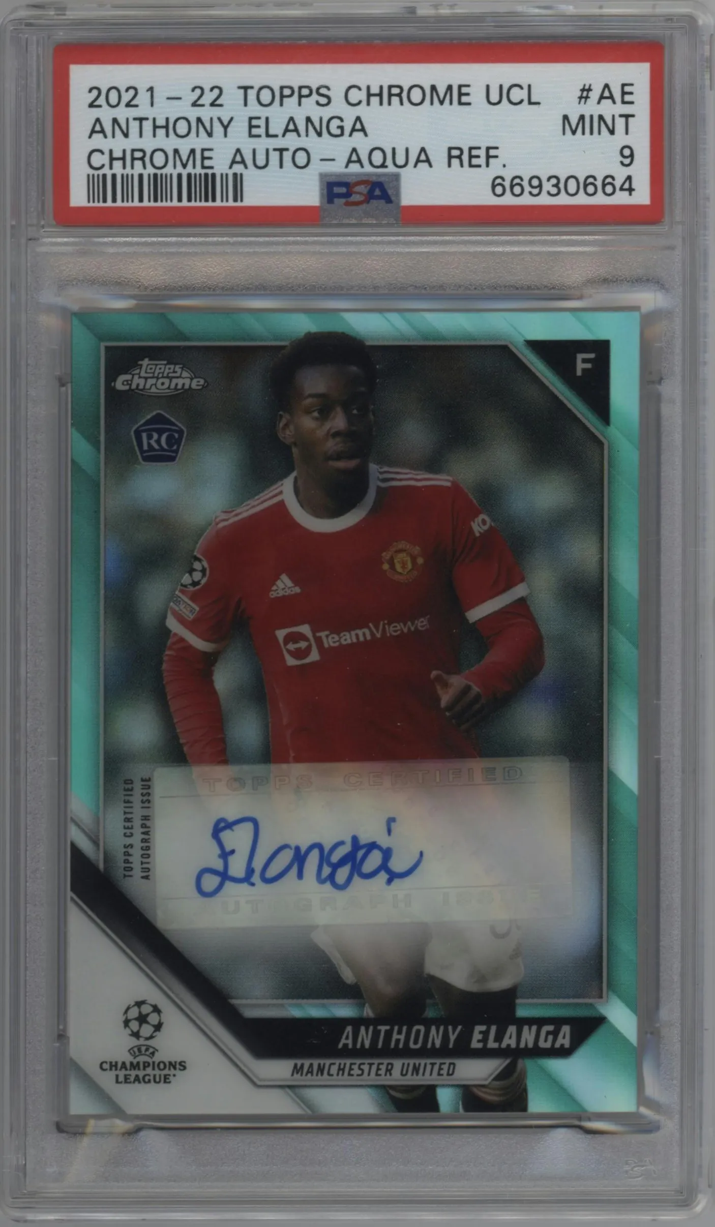 2021 Topps Chrome UEFA Champions League Chr.Auto Anthony Elanga Aqua Refractor #CA-AE PSA 9