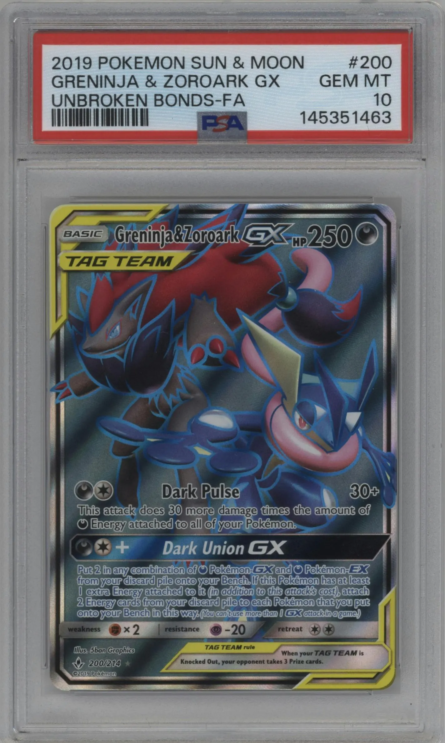 2019 Pokemon S&M Unbroken Bonds Greninja & Zoroark GX #200 PSA 10