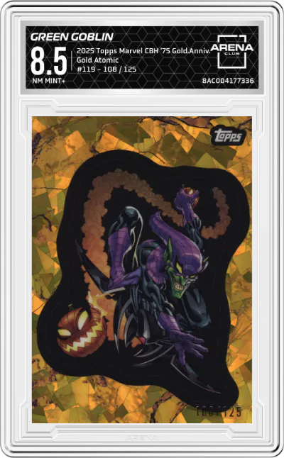 2025 Topps Marvel Comic Book Heroes 1975 Golden Anniversary Green Goblin Gold Atomic #119 ARENA CLUB 8.5