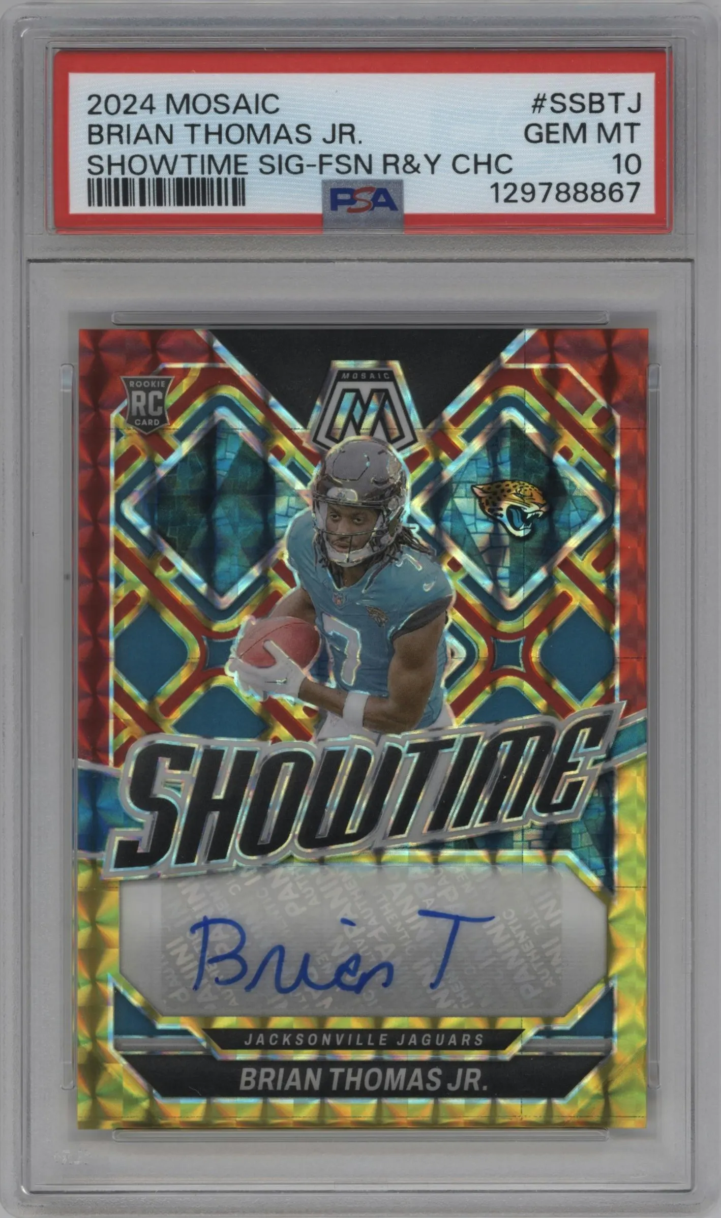 2024 Panini Mosaic Showtime Sig. Brian Thomas Jr. Choice Fusion Red and Yellow #SS-BTJ PSA 10
