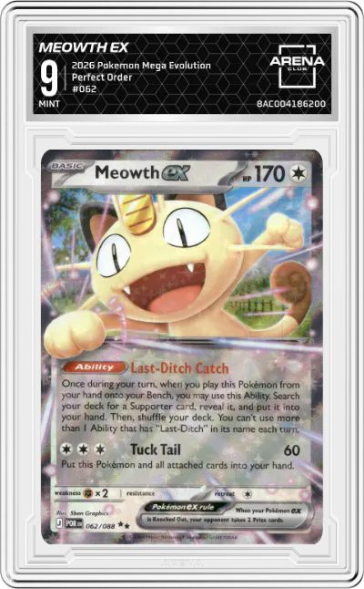 2026 Pokemon Mega Evolution Perfect Order Meowth ex #062 ARENA CLUB 9