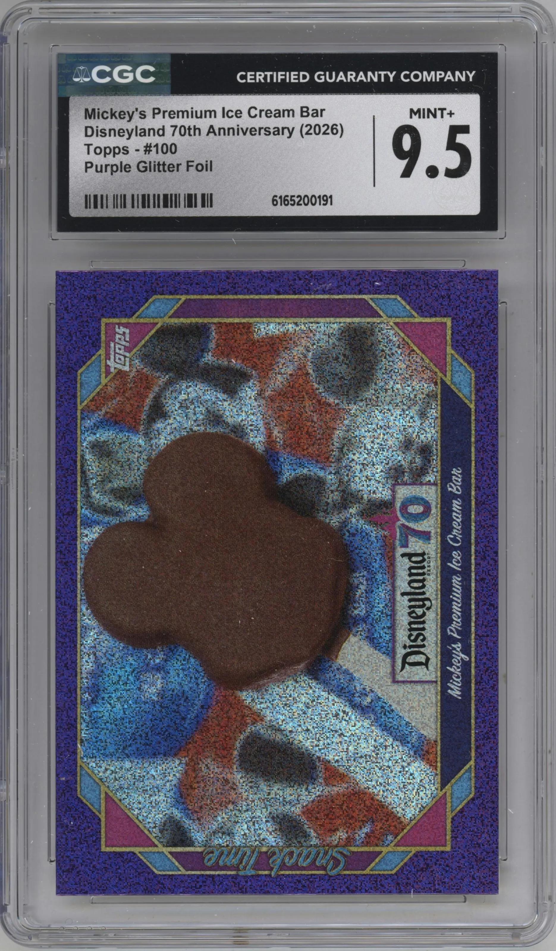 2025 Topps Disneyland 70th Anniversary Mickey's Premium Ice Cream Bar Purple Glitter Foil #100 CGC 9.5